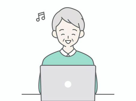 パソコンを見て楽しむシニア男性 人物,男,祖父,おじいちゃん,老人,高齢者,お年寄り,シニア,白髪,パソコンのイラスト素材