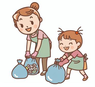 人物素材152＿ゴミをまとめる親子 女の子,女性,ママ,お手伝い,掃除,年末,大掃除,片付け,整理,ゴミのイラスト素材