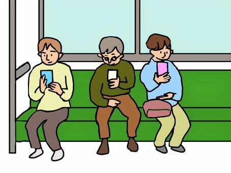 みんなスマホを見ている スマホ,スマホ中毒,スマホ依存,乗客,電車,人物,男性,女性,座る,人々のイラスト素材