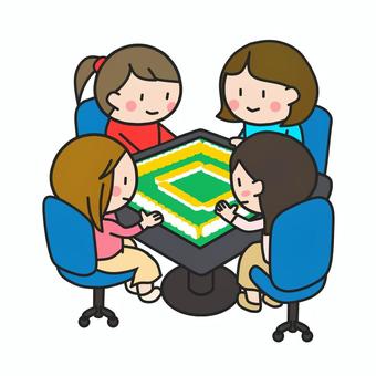麻雀を楽しむ若い女性たち（四麻） 麻雀,四人麻雀,四麻,4人,麻雀卓,卓,自動麻雀卓,牌,健康麻雀,趣味のイラスト素材