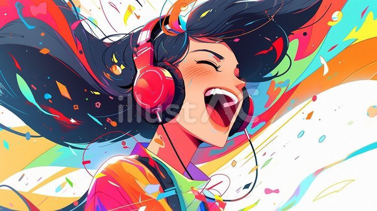 楽しそうに歌う女の子＿アニメキャラ 女の子,ヘッドホン,音楽のイラスト素材