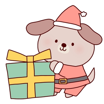 クリスマスプレゼントと犬 クリスマス,プレゼント,犬,動物,サンタ,帽子,冬,線画,可愛い,ゆるいのイラスト素材