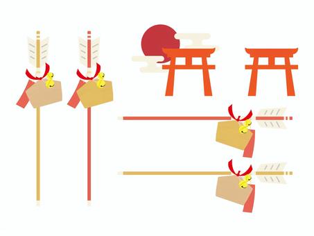 破魔矢と鳥居 お正月のイラスト素材セット お正月,破魔矢,正月,縁起物,神社,鳥居,日の出,初詣,はまや,初詣でのイラスト素材