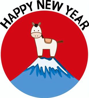 ハッピーニューイヤー白馬 ハッピーニューイヤー,日の丸,富士山,白馬,干支,キャラ,日本,デフォルメ,英語のイラスト素材