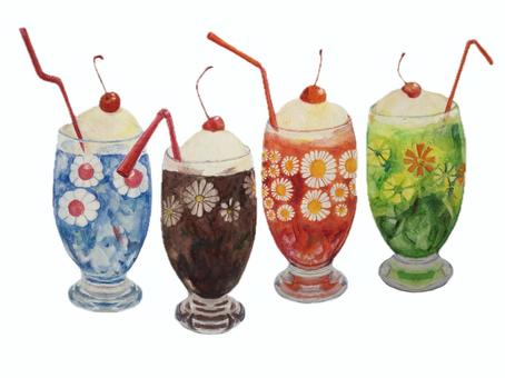 水彩色鉛筆　花柄グラスのクリームソーダ クリームソーダ,ソーダ,フロート,飲み物,ドリンク,アイスクリーム,アイス,チェリー,さくらんぼ,ストローのイラスト素材