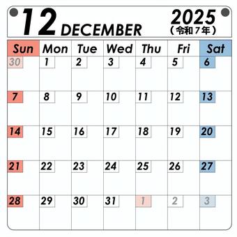 2025年12月　カレンダー 12月,カレンダー,2025年,スケジュール,予定表,シンプルのイラスト素材