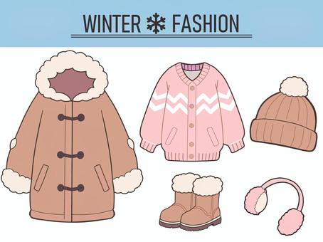 冬ファッションアイテムセット 冬,洋服,コート,セーター,ニット帽,ブーツ,耳当て,セット,手書き,素材のイラスト素材