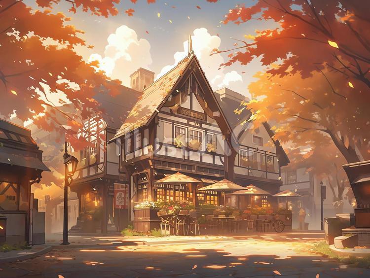 秋のレトロな街並みとオープンカフェ_背景イラスト - No
