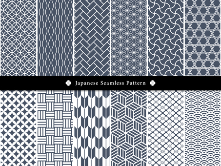 藍色の和柄パターンセット 和柄,模様,パターン,七宝,麻の葉,青海波,花菱,亀甲,籠目,網代のイラスト素材