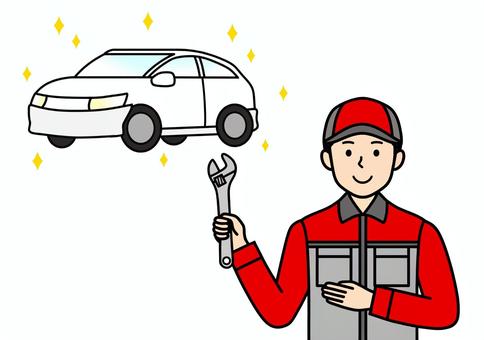 車検・点検をした車と自動車整備士の男性 車,自動車,車検,点検,メンテナンス,レンチ,工具,資格,仕事,自動車整備士のイラスト素材