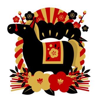 zodiac26810 馬,午年,しめ飾り,梅,椿,扇,松,2026年,年賀状,花のイラスト素材