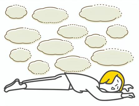 バテている女性とモクモクの吹き出し バテている女性とモクモクの吹き出し ばてる,女性,うつ伏せ,寝る,ダウン,モクモク,疲労,疲れ,やる気,元気のイラスト素材