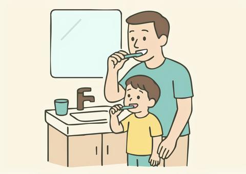 父親と息子が並んで歯磨きのイラスト 親,子,父親,息子,家族,人物,室内,洗面所,洗面台,子どものイラスト素材
