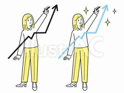 業績アップの矢印を書く女性会社員イラスト