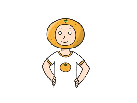 果物の蜜柑（みかん）がテーマの面白い人物 オレンジ,自慢,男子,好物,上半身,偉そう,蜜柑,果物,男性,青年のイラスト素材