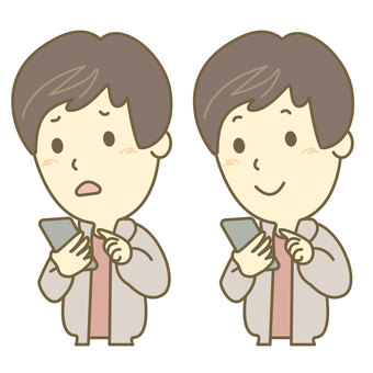 スマホで困ったり喜んだりの若い男性 スマホ,スマートフォン,操作,利用,若者,男性,大学生,上半身,ショック,困るのイラスト素材