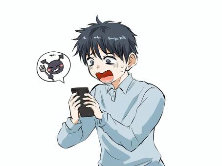 悪質なコメントに驚く男性 男の子,青年,若者,人物,表情,手描き,リアクション,スマートフォン,携帯電話,snsのイラスト素材