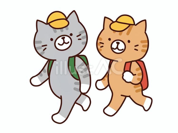 動物　猫（登校,遠足） 猫,茶トラ,キジトラのイラスト素材