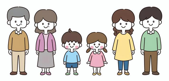 横並びの三世代家族_全身（カラー）  家族,親子,三世代,お父さん,お母さん,子ども,おじいちゃん,おばあちゃん,両親,夫のイラスト素材