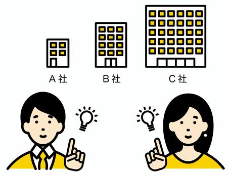 見積もりや転職に使える企業比較のイラスト 人物,男性,女性,スーツ,建物,会社,企業,高層,閃き,ヒントのイラスト素材