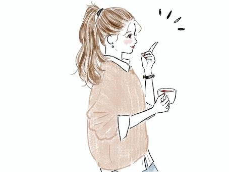 人差し指で指すポニーテール女性の横顔 女性,人差し指,コーヒー,横顔,ポニーテール,手,指,ベージュ,ポニテ,これのイラスト素材