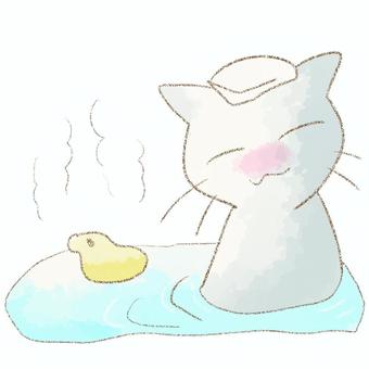 お風呂であたたまる猫　鳥ちゃん付き 猫,鳥,風呂,水彩,鉛筆のイラスト素材