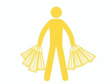 両手に沢山紙袋を持つ人のイラスト（黄） 人,人物,ピクトグラム,全身,立ち絵,立つ,旅行客,買い物客,お客様,紙袋のイラスト素材