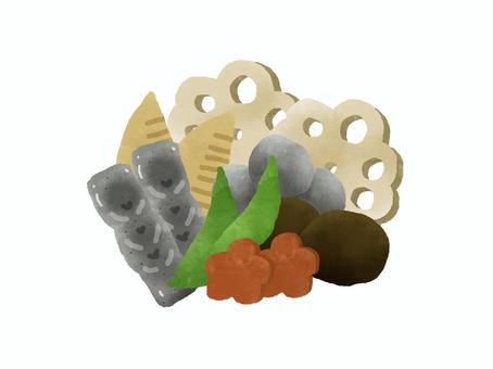 お煮しめ お煮しめ,おせち,お正月,正月料理,れんこん,手綱こんにゃく,きぬさや,人参,しいたけ,たけのこのイラスト素材
