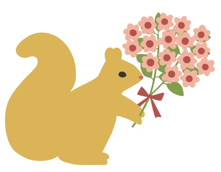 ピンクの花束を持つシンプルな栗鼠 リス,かわいい,花,リボン,シンプル,ピンク色,ブーケ,花束,お礼,お祝いのイラスト素材