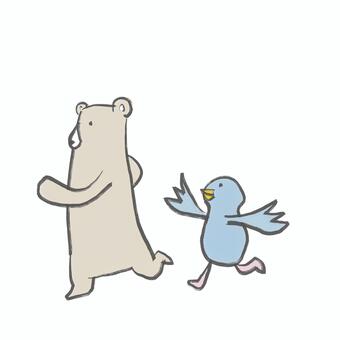 かけっこをするシロクマと青い鳥のイラスト シロクマ,青い鳥,鳥,クマ,かけっこ,走る,競走,遊ぶ,子ども,楽しいのイラスト素材