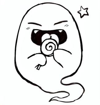 お菓子を貰って喜ぶおばけ おばけ,ハロウィン,お菓子,ペロペロキャンディ,キャラクター,デフォルメ,ゴーストのイラスト素材