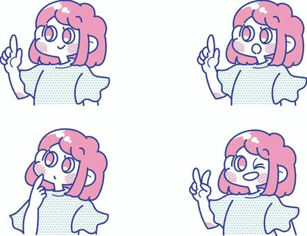 女の子の4つの表情セット 子ども,女の子,小学生,表情,ポーズ,指さし,ポイント,教える,説明,ウインクのイラスト素材