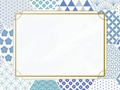 亀甲配置の和柄背景 ゴールドフレーム 亀甲,青,冬,年賀状,新年,謹賀新年,梅,鱗,鹿の子,麻の葉のイラスト素材