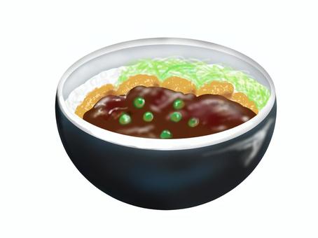 岡山デミカツ丼 デミカツ丼,岡山,ご当地グルメ,デミグラスソース,とんかつ,グリンピース,キャベツ,どんぶり,ごはん,メニューのイラスト素材
