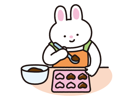 チョコレートを型に流すうさぎ うさぎ,動物,料理,お菓子作り,チョコレート,製菓,夢中,趣味,調理,キッチンのイラスト素材