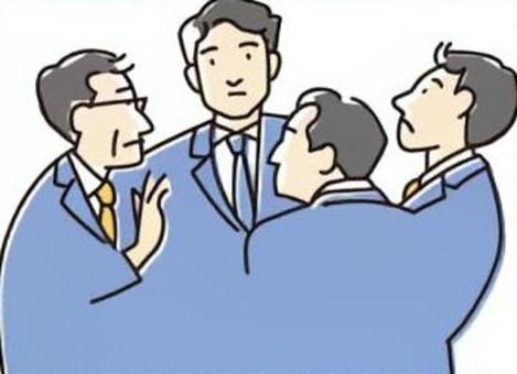 人物ポーズ-ビジネス02 ビジネスマン,男性,集合,4人,若い,上司,話し合い,問題,不安,上半身のイラスト素材