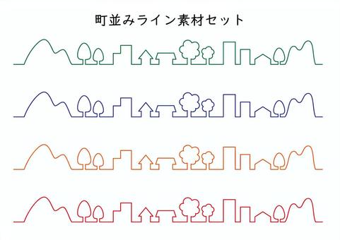 一筆書き町並みライン素材セット 町並み,街並み,素材,セット,一筆書き,カラーバリエーション,赤,オレンジ,青,グリーンのイラスト素材