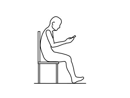 猫背で椅子に座り爪先上げてスマホを見る人 猫背で椅子に座り爪先上げてスマホを見る人 座位,スマホ,猫背,悪姿勢,骨盤後傾,横向き,線画,白黒のイラスト素材