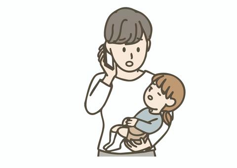 子供を抱っこして病院に電話する女性 電話,病院,診察,予約,問い合わせ,健康,不安,母親,女性,子供のイラスト素材