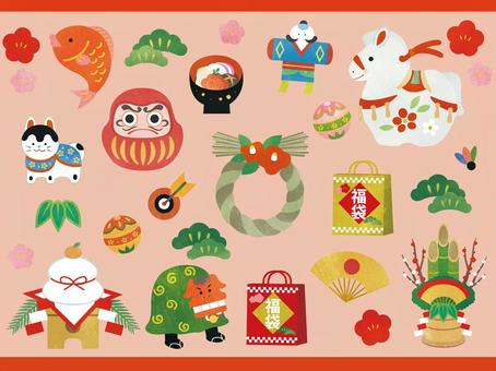 水彩加工_お正月イラスト素材集2 お正月,初売り,新春,福袋,午,和,和風,正月,年賀状,午年のイラスト素材