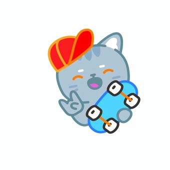 イラスト0116 ねこ,キャット,スケートボード,スケボー,かわいい,キャラクター,帽子,動物,グレーの猫,スポーツのイラスト素材