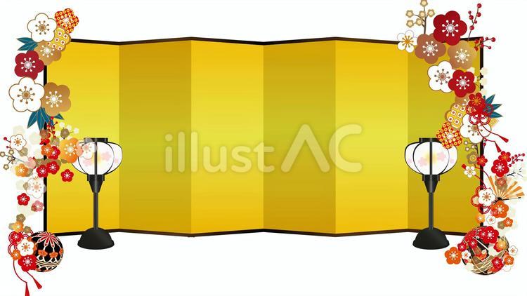 金屏風に花あしらいとぼんぼり2 金屏風,雛祭り,ぼんぼりのイラスト素材