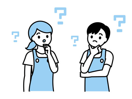 考えるエプロン姿の男女03 人物,男性,女性,20代,30代,40代,疑問,はてな,考える,飲食店のイラスト素材