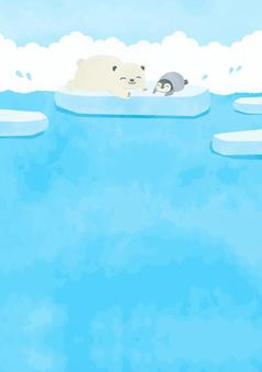 シロクマとペンギンと海の風景イラスト 夏,背景,動物,風景,海,シロクマ,ペンギン,かわいい,氷,デフォルメのイラスト素材