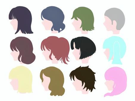 手書き風のヘアスタイルのイラストセット 美容,美容素材,髪,横顔,ヘアメイク,ヘアカラー,ポニーテール,ストレートヘア,ショートヘアのイラスト素材