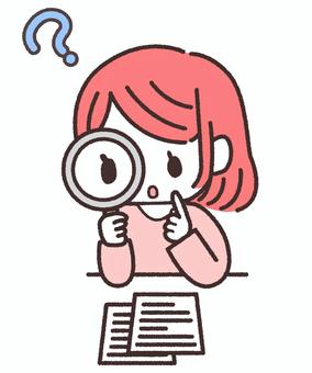虫眼鏡で資料をよく見ている女性 手書き,人物,線画,かわいい,虫眼鏡,ほっこり,ベクター,ひとり,ポーズ,白背景のイラスト素材