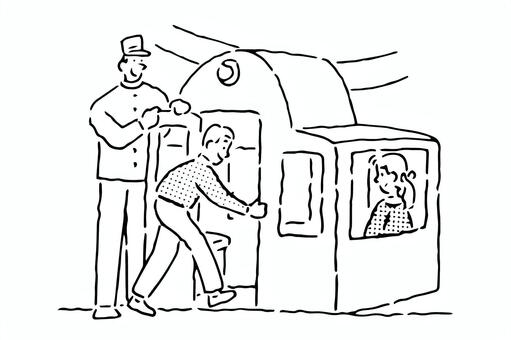 観覧車に乗り込む男女（線画） 男女,人物,観覧車,ワンポイント,シンプル,ベクター,装飾,あしらい,飾り,素材のイラスト素材