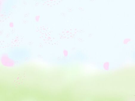 春の野原と花びらのイラスト 花びら,ピンク,空,野原,水色,黄緑,ぼかし,柔らかい,背景,桜のイラスト素材