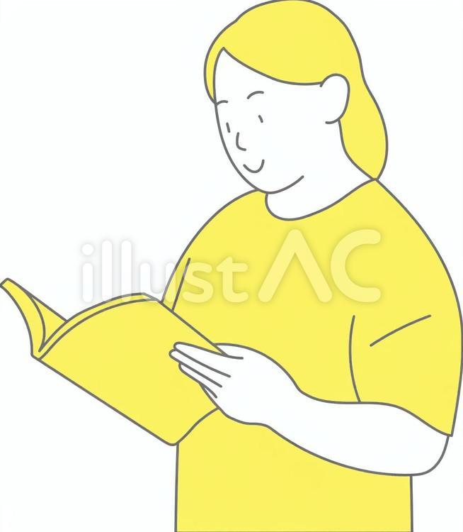 笑顔で本を眺める人 女性,tシャツ,黄色のイラスト素材