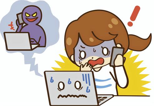 パソコンでフィッシング詐欺に合う女性 フィッシング詐欺,架空請求,サポート詐欺,インターネット詐欺,ポップアップ詐欺,ワンクリック詐欺,パソコン,詐欺,詐欺師,セキュリティのイラスト素材